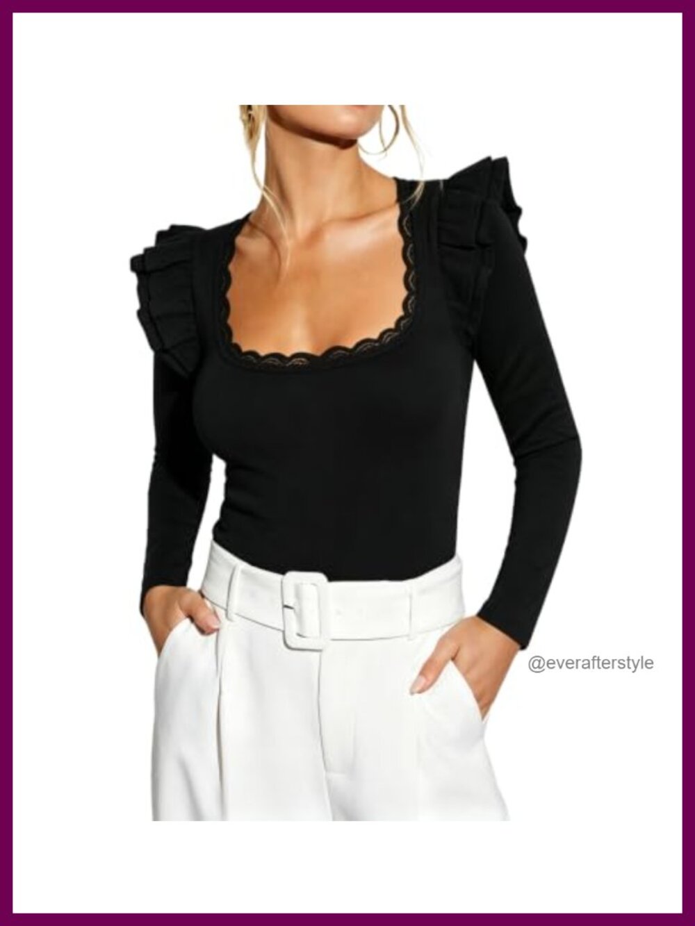 Ribbed Knit Square Neck Ruffle Long Sleeve Going Out Top